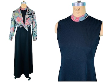 Vintage 1970s Maxi Dress Set Floral Top Black Dress Boho Set | W 32"