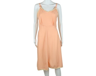 Vintage 70s Peach Dress Slip Handmade Lace Trim Lingerie