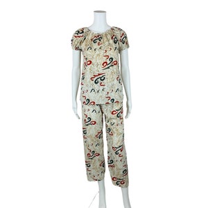 Vintage Nylon Pajamas Handmade Swirl Print Elastic Top Pants Set