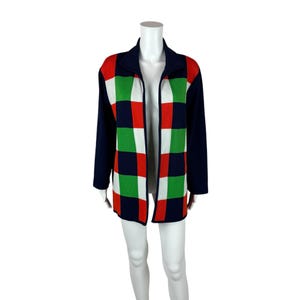 Vintage jaren 70 mod-blazer dames XL groen blauwe vierkanten open oversized jas Artsy