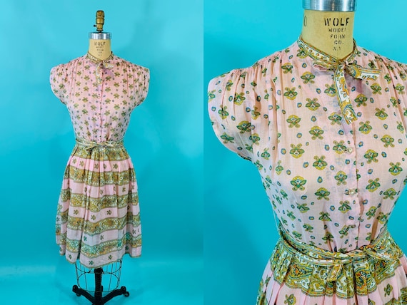 Vintage 1950s Paisley Dress | Pink Printed Sheer T