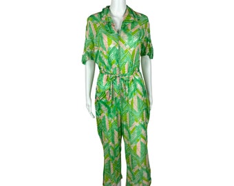 Vintage 70s Pastel Jumpsuit Women&#39;s Large Zip Up Lime Green Pink Clown One Piece