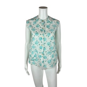 Vintage 60s Floral Top Women's Medium Aqua Pastel Button Down With Pockets Sleeveless Shirt