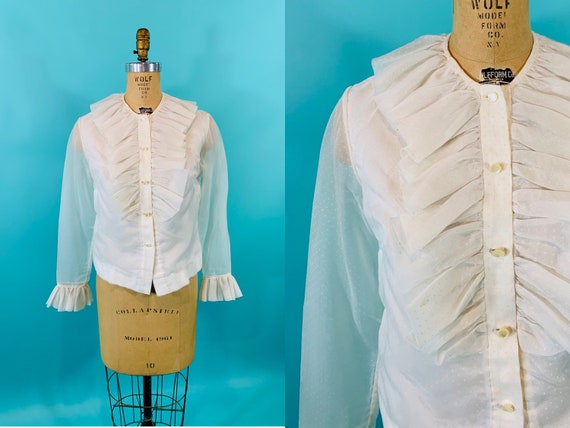 Vintage 1960s Ruffle Blouse | Mod Sheer White Polk