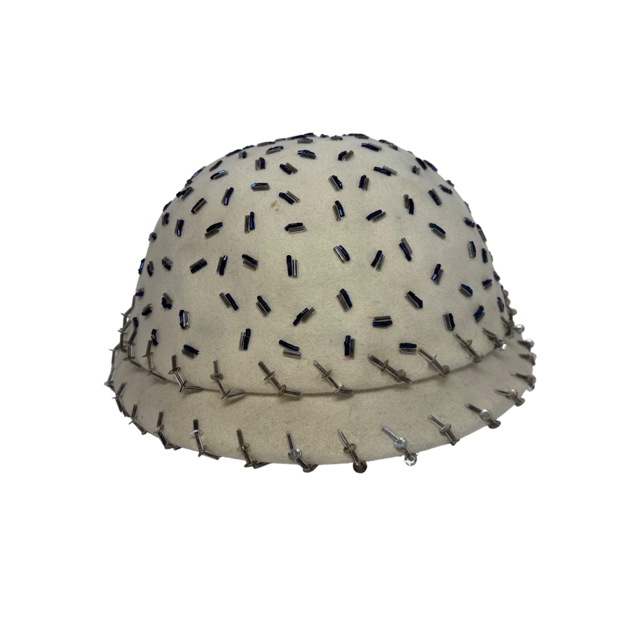 Vintage 1950s Beaded Hat Cream Blue Silver Sequin Cocktail  display picture 2