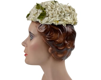 Vintage 50s Floral Hat White Green Bows Formal Round Pillbox B. Forman