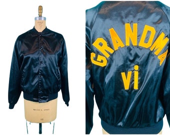 Vintage 1980s Satin Bomber Black Grandma VI Lettered Jacket