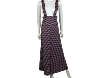 Vintage 70s Suspenders Jumpsuit Womens M Plaid Navy Red Wide Legs Pointed Waist