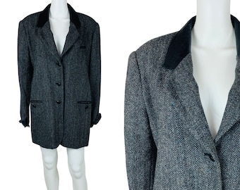 Vintage 90s Oversized Blazer Black Tweed Menswear Style Suit Jacket