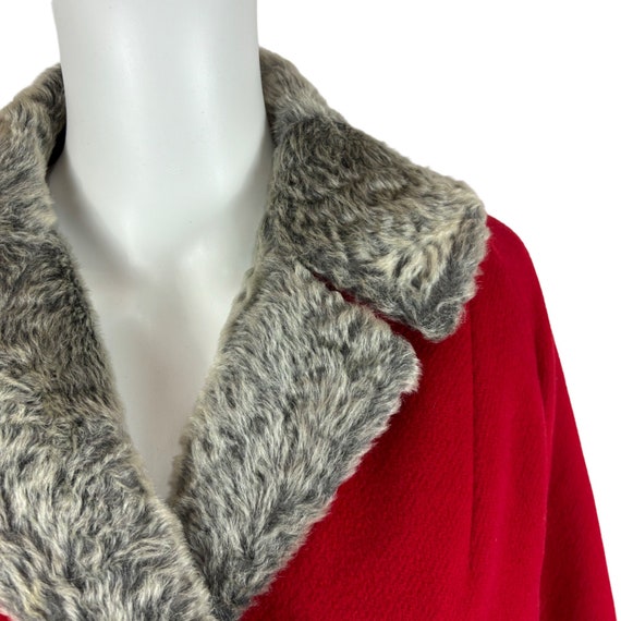 Vintage 50s Coat Cherry Red Gray Faux Fur Collar … - image 5