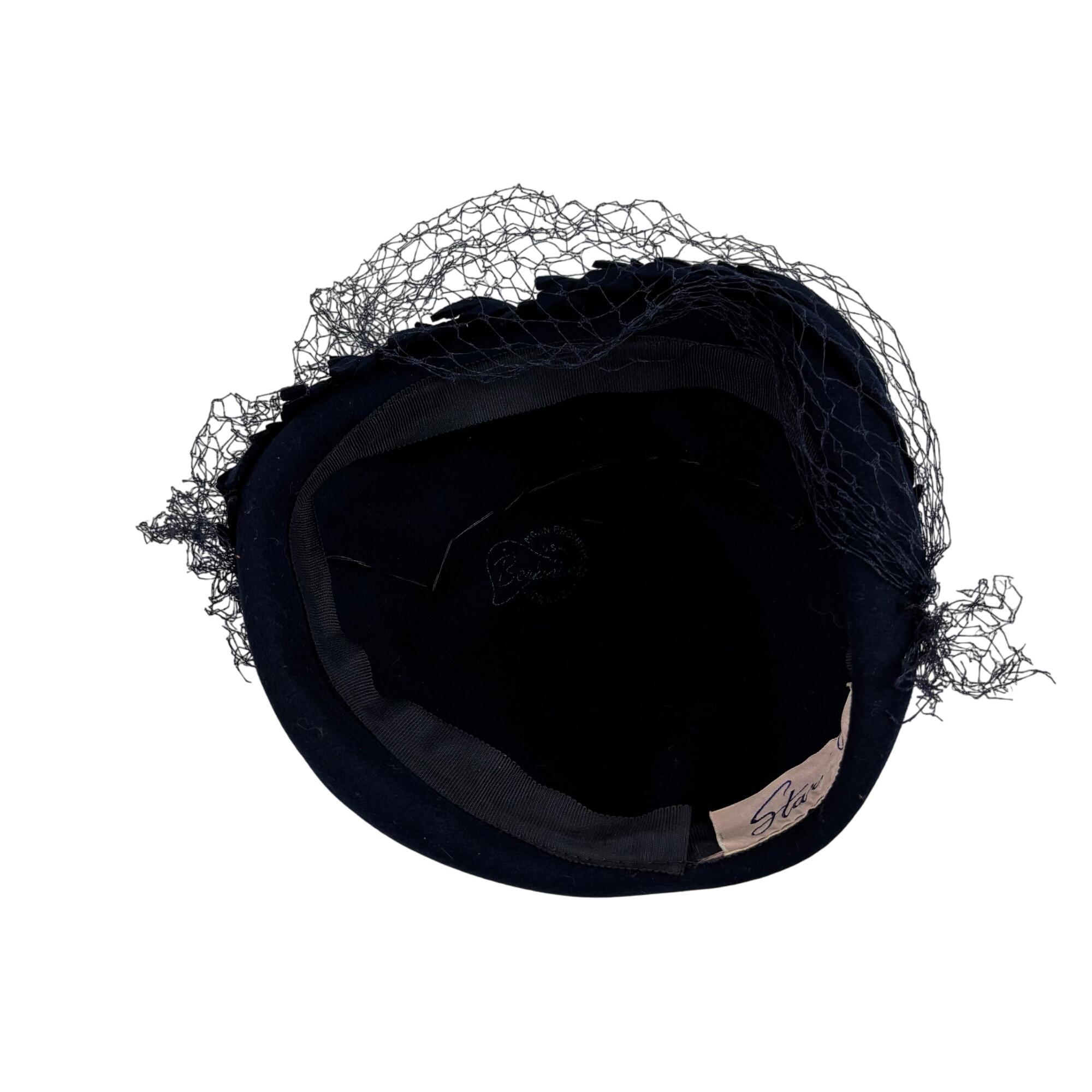 Vintage 50s Navy Hat Blue Veil Wool Scaled Calot Starling Vintage Navy Blue Velvet Hat: 1950s Style Wide Brim With  main image 2