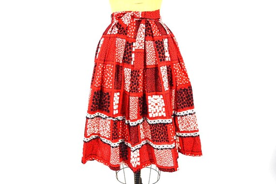 Vintage 1950s Skirt | Red Geometric Print Full Cot