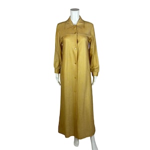 Vintage 70s Lamé Dress Women&#39;s Medium Gold Metallic Hostess Maxi Glam Button Down
