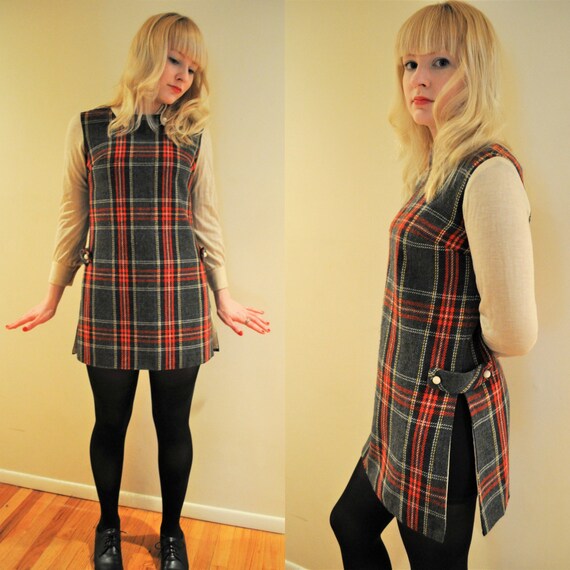 Vintage 1960s Mod Red Plaid Tunic Long Sleeve Top… - image 9