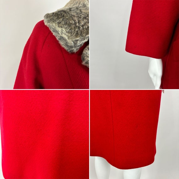 Vintage 50s Coat Cherry Red Gray Faux Fur Collar … - image 9