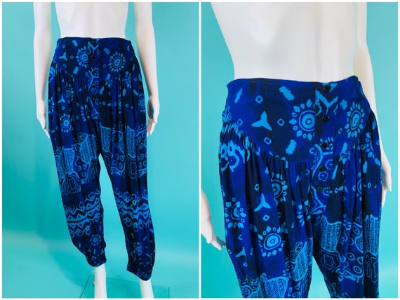 Vintage 1990s Harem Pants | Black Blue Printed Tap