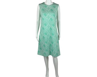 Vintage 60s Shift Dress Women's Medium Mint Green Fair Isle Heart Print Knit