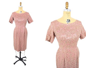 Vintage 50s Lace Cocktail Dress Tan Pink Soutache Sheath | W 26"