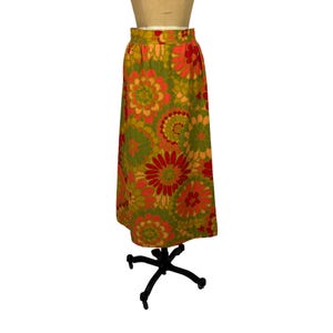 Vintage 70s Maxi Skirt Womens Small Red Green Floral Print Bloomcraft Cotton High Waist