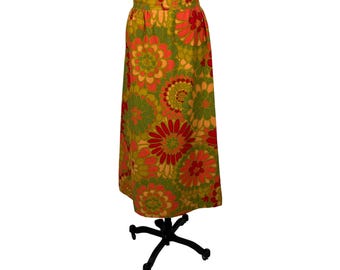 Vintage 70s Maxi Skirt Womens Small Red Green Floral Print Bloomcraft Cotton High Waist