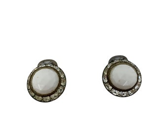 Vintage 1950s White Clip Ons Circle Rhinestone Surround Earrings