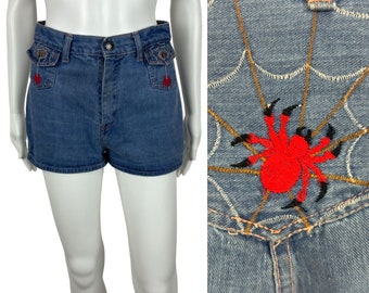 Vintage 70s Denim Shorts Women's Small Red Spider Embroidered High Waisted Blue Jeans