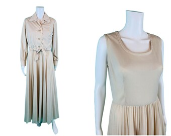 Vintage 1970s Dress Set Khaki Rhinestone Buttons Dramatic Pleated Skirt | W 29"