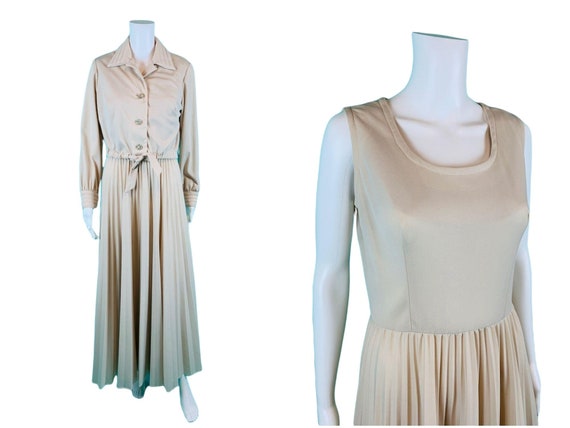 Vintage 1970s Dress Set Khaki Rhinestone Buttons … - image 1