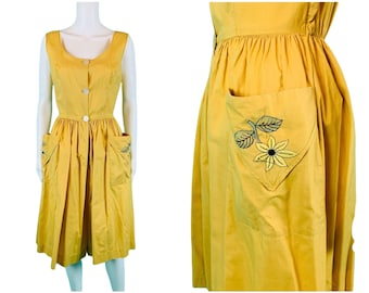 Vintage 1940s Yellow Cotton Cropped Jumpsuit Embroidered Pocket | W 23-25"