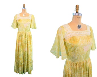 Vintage 1970s Yellow Maxi Dress Floral Flutter Sleeves Bohemian | W 29"