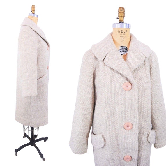Vintage 1970s Beige Tweed Coat Speckled Large But… - image 3