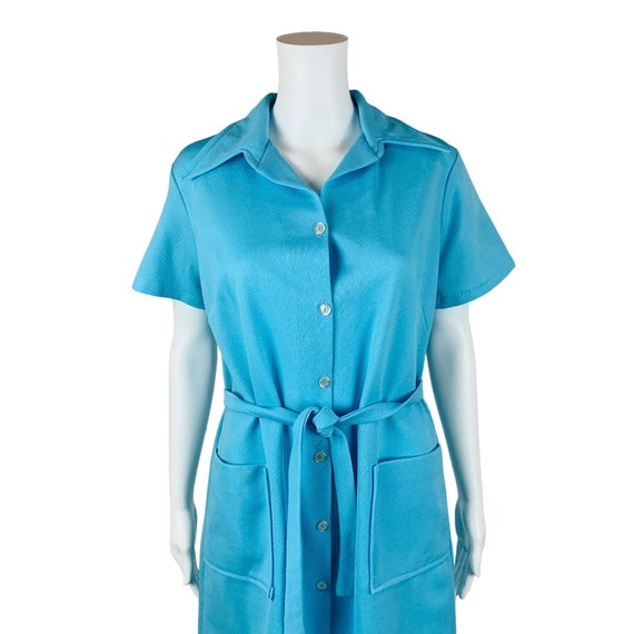 Vintage 1970s Solid Blue Dress Polyester Button D… - image 2