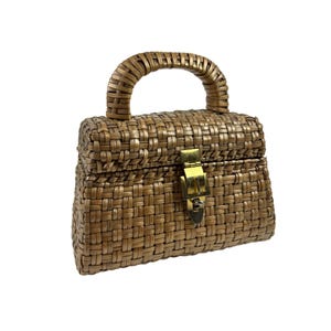 Vintage 60s Wicker Bag Small Tan Top Handle Plastic Purse