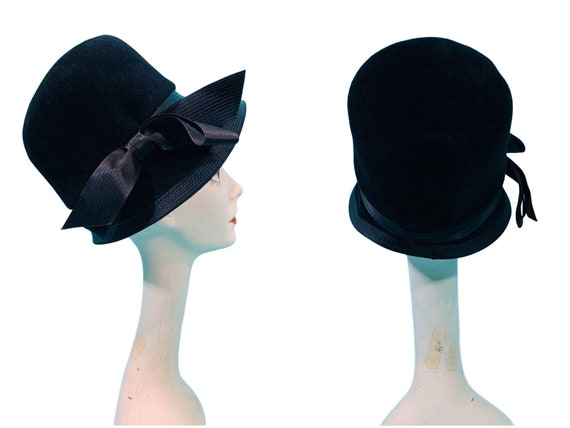 Vintage 1950s Bucket Hat Luxuria Black Satin Bow … - image 6