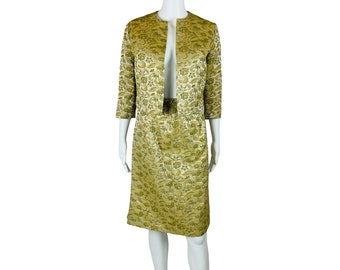 Vintage 1950s Brocade Suit Set Floral Matching Open Top Skirt | W 25&quot;