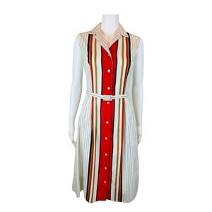 Vintage 80s Striped Dress Women&#39;s Extra Small 50s Style Red Striped Belted Shirtdress