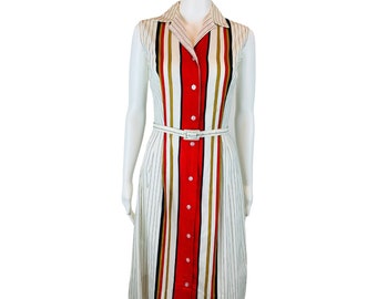Vintage 80s Striped Dress Women's Extra Small 50s Style Red Striped Belted Shirtdress