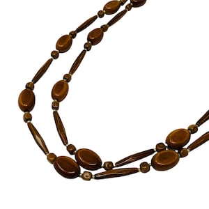 Vintage 1970s Brown Beaded Necklace Long Faux Wood Beads
