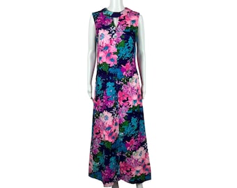 Vintage 70s Maxi Dress Women's Medium Purple Bright Floral Keyhole Neckline Cotton