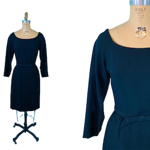 Vintage 1950s Black Cocktail Dress Off The Shoulder Bow Belt Sheath | W 26&quot;