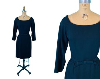 Vintage 1950s Black Cocktail Dress Off The Shoulder Bow Belt Sheath | W 26"