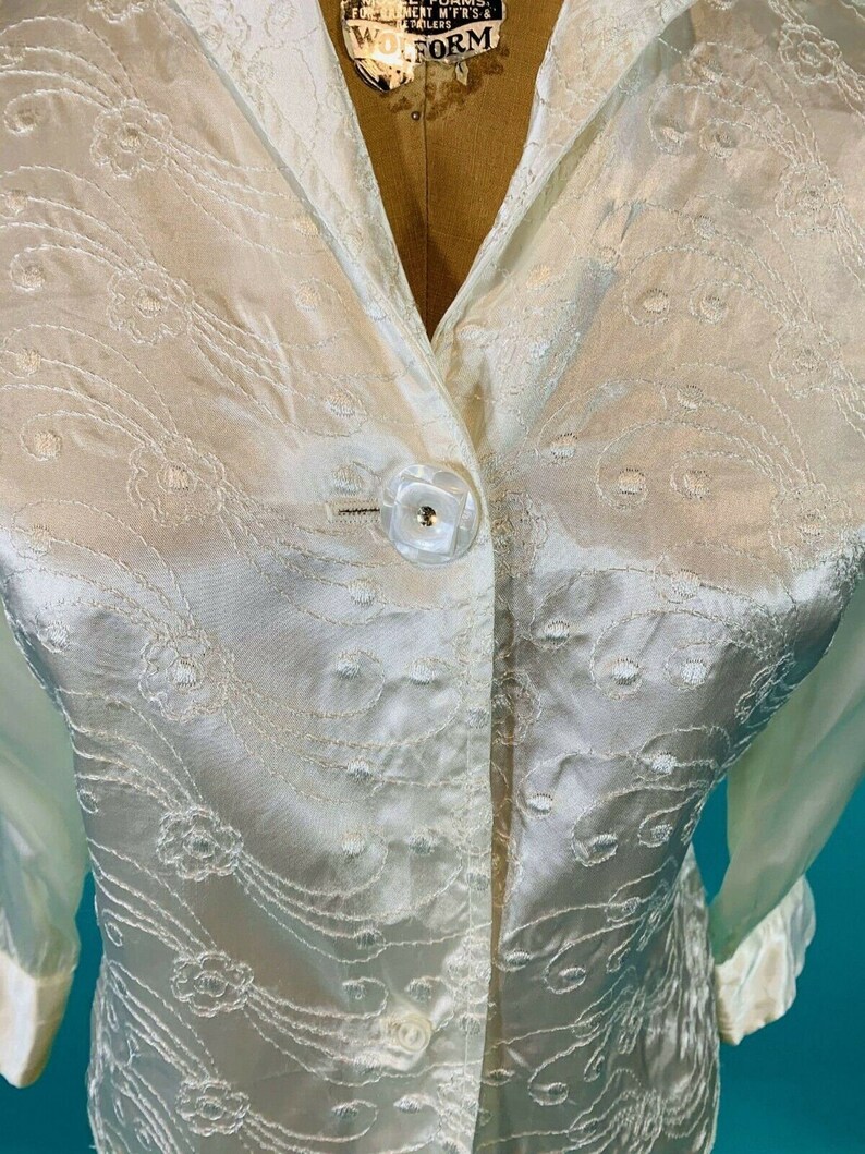 Vintage 1950s Satin Blouse White Embroidered Rhinestone Button Etsy