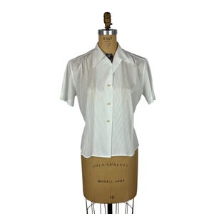 Vintage 50s White Shirt Womens L Striped Button Down Short Sleeve Nylon Top