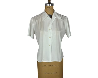 Vintage 50s White Shirt Womens L Striped Button Down Short Sleeve Nylon Top