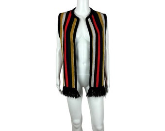 Vintage 70s Striped Vest Women's Medium Rainbow Striped Fringe Hem Acrylic Knit Sears Boho