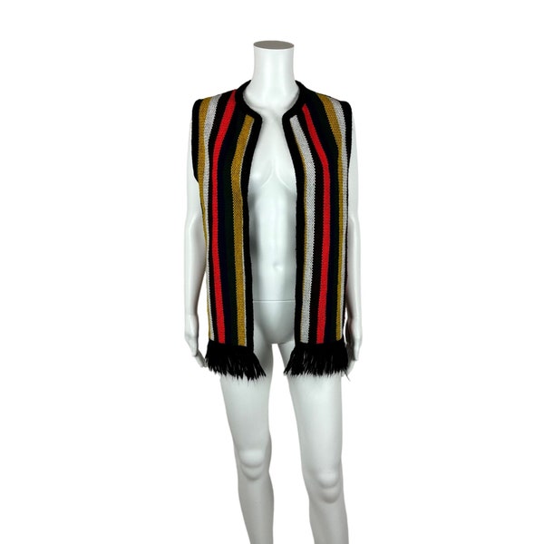 Vintage 70s Striped Vest Women's Medium Rainbow Striped Fringe Hem Acrylic Knit Sears Boho