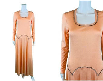 Vintage 1970s Formal Dress Peach Rhinestone The Sidneys Gown | W 35"