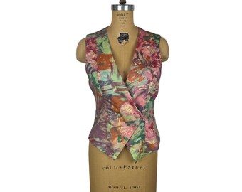 Vintage 90s Floral Vest Womens Medium Abstract Artistic Print Pastel Top