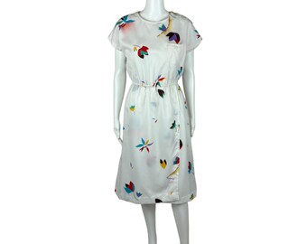 Vintage 80s Floral Dress Women's Small Sheer White Slouchy New Wave