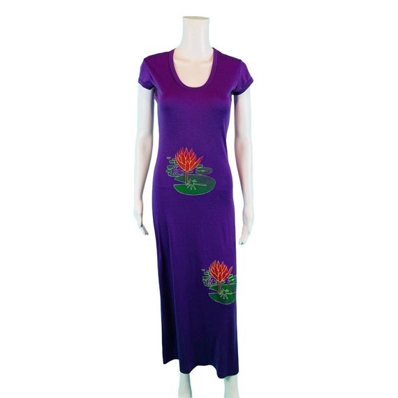 Vintage 1970s Purple Lily Pad Dress Graphic Print… - image 1